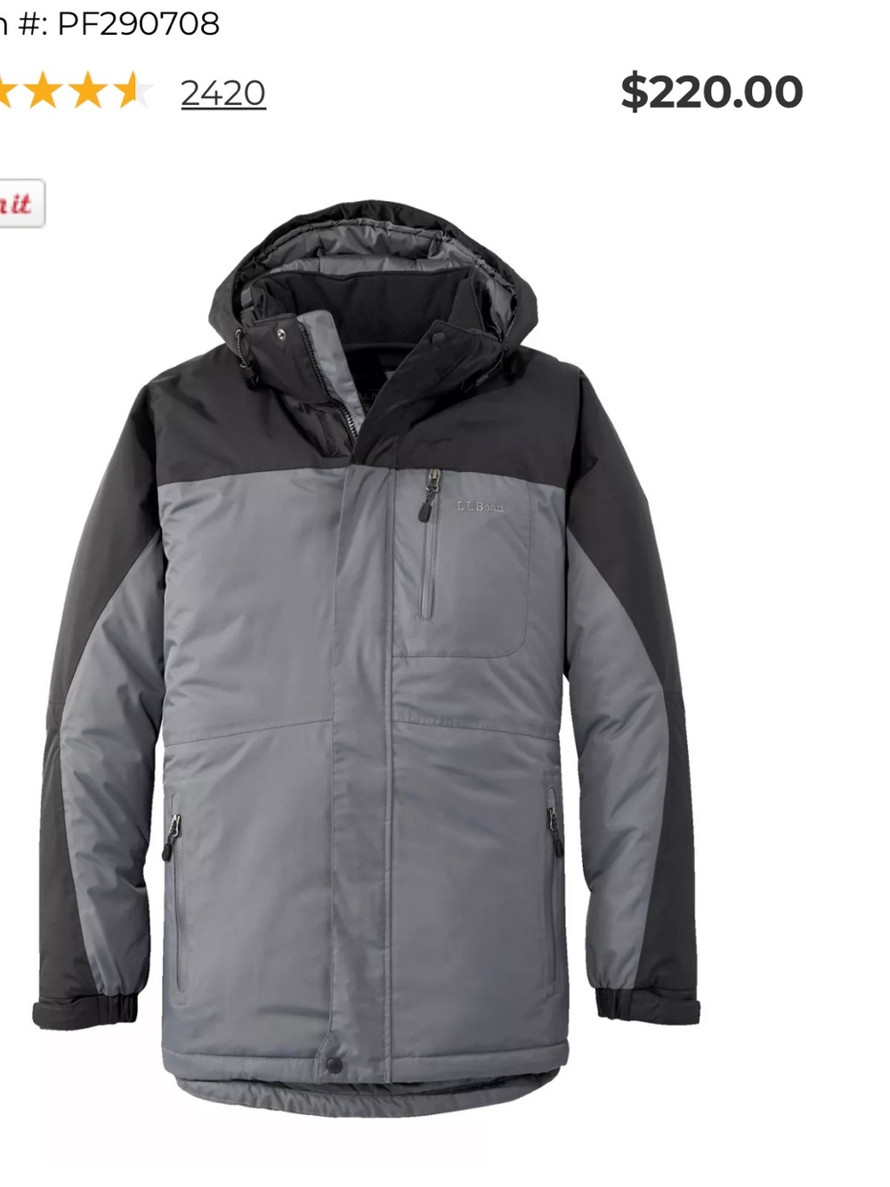 L.L. Bean Men's Insulated Puffer Parka - Gray & Black